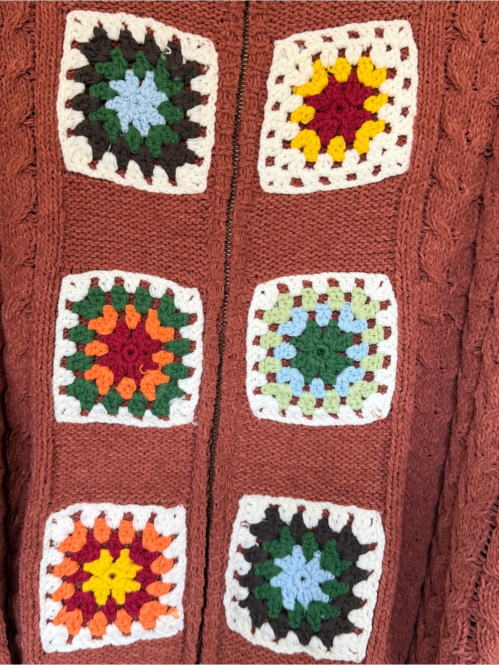 POL "Tessa" Granny Square Cable-Knit Zip Cardigan Granola Cottagecore L Sweater - Picture 4 of 6